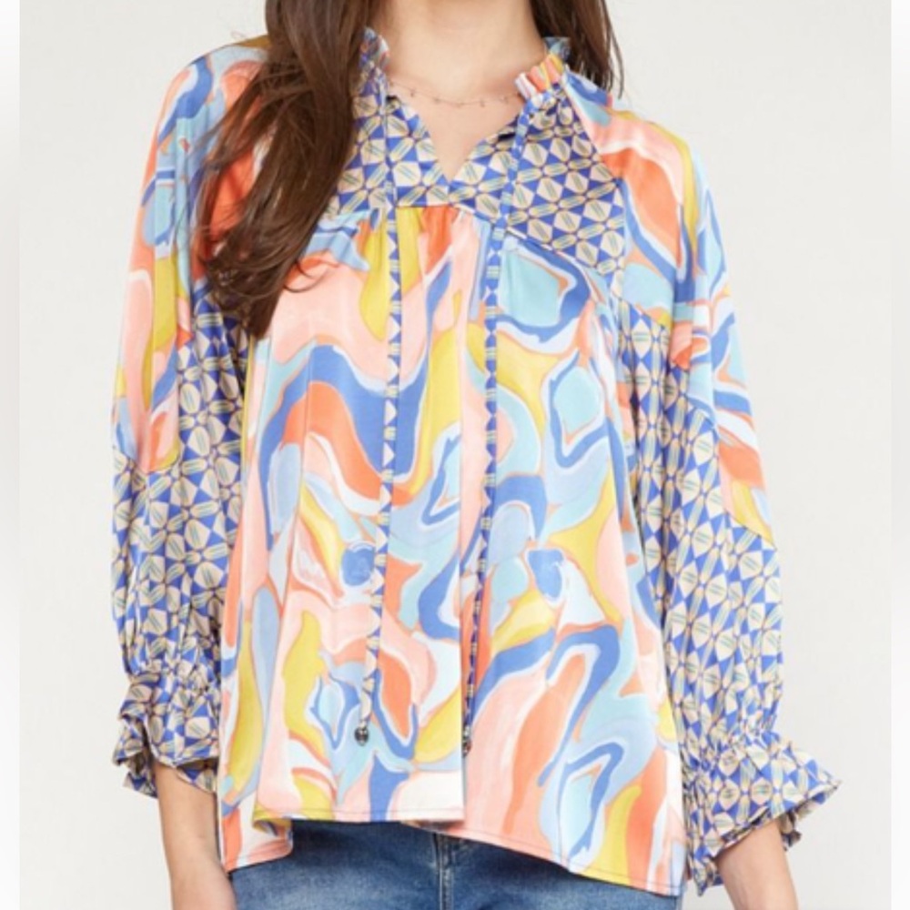 Entro Orange and Blue Graphic 3/4 Sleeve Blouse